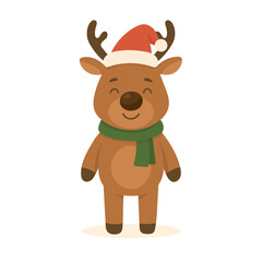 Christmas reindeer in Santa hat and green scarf smiles sweetly. This reindeer brings holiday joy and cozy feelings