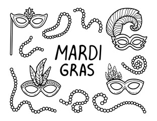 Mardi gras set. Hand drawn doodle vector. Masquerade accessory. Carnival mask and beads. Vintage holiday costume. Festival decoration. Illustration line art group of elements.