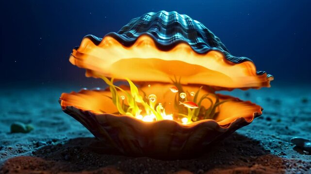 A giant seashell slowly opens underwater