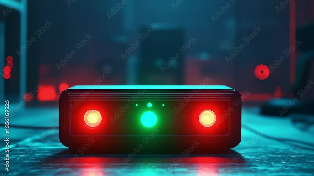 Poster futuristic tech device indicator lights flickering close-up