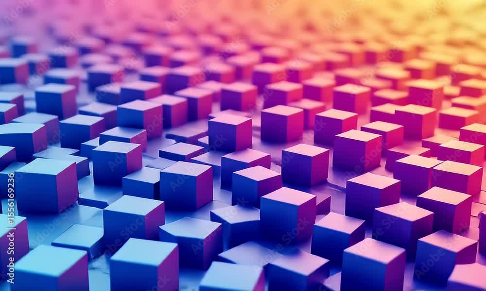 Aufkleber abstract 3d render of a cube grid with gradual color transition from blue to pink and orange illumin