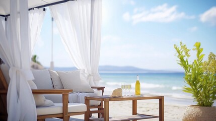 Obraz premium A cozy beachside lounge featuring bright pink and yellow cushions on a white sofa,