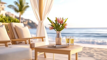 Obraz premium A beachside lounge featuring bright pink and yellow cushions on a white sofa, with a wicker table holding a refreshing juice, a decorative vase, and a wrapped treat, ocean waves and clear blue sky