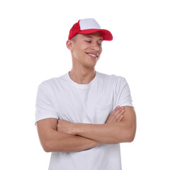 Young man wearing stylish baseball hat on white background