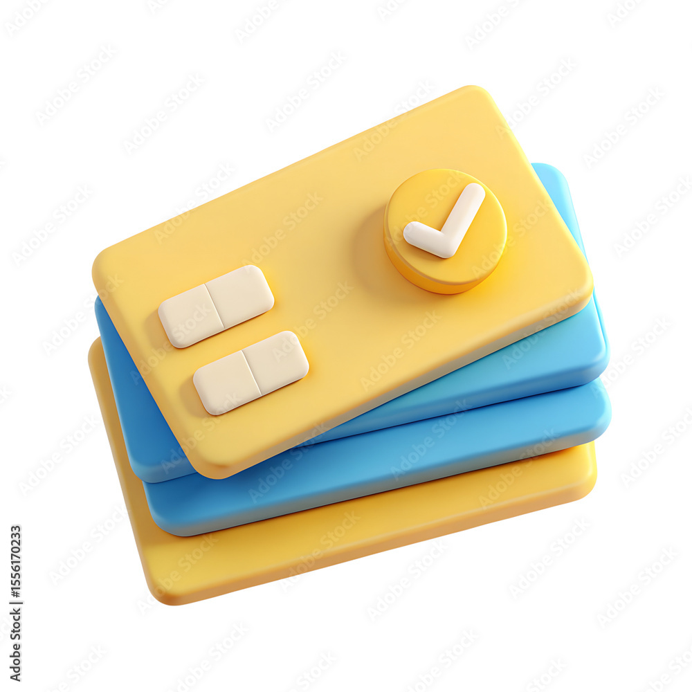 Poster a 3d render of a stack of credit cards with a checkmark, isolated on transparent background