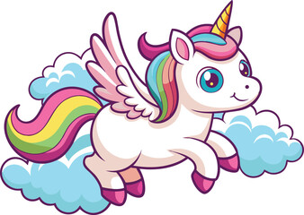 Cute flying unicorn with wings and rainbow mane soaring above clouds in sky