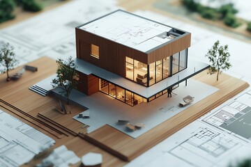 Architectural Model of Modern House on Blueprint Plans Design and Scale Representation
