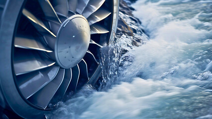 Hydroelectric Turbine Blade with Water Droplets in Motion – Clean Energy Engineering Detail | Generative AI