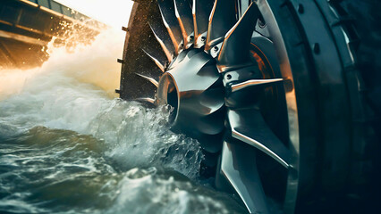 Hydroelectric Turbine Blade with Water Droplets in Motion – Clean Energy Engineering Detail | Generative AI