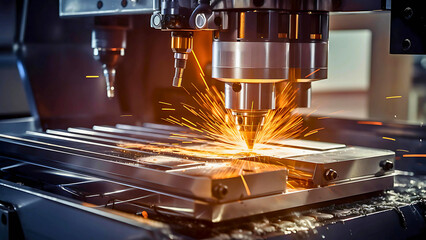 CNC Milling Machine Cutting Metal with Coolant Spray and Metal Chips in Motion | Generative AI