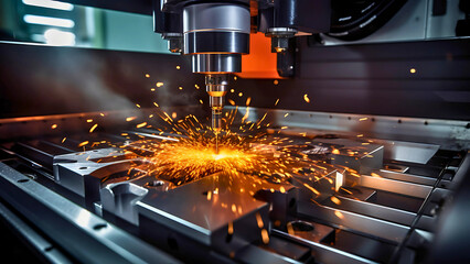 CNC Milling Machine Cutting Metal with Coolant Spray and Metal Chips in Motion | Generative AI