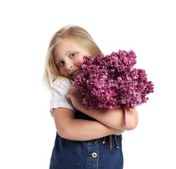 Little girl with bouquet of lilac flowers on white background