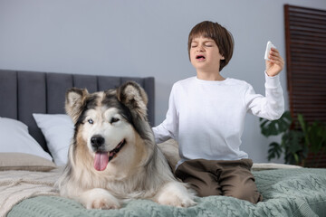 Boy suffering from allergy with her dog on bed at home