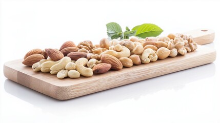 A wooden platter with a vibrant assortment of mixed nuts roasted peanuts, almonds, cashews, and Brazil nuts