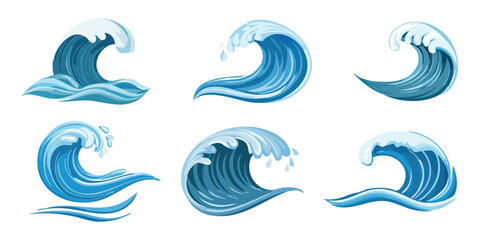 Ocean's Rhythmic Dance: A series of dynamic illustrations showcasing the majestic power and fluid beauty of ocean waves in a captivating display of aquatic energy.