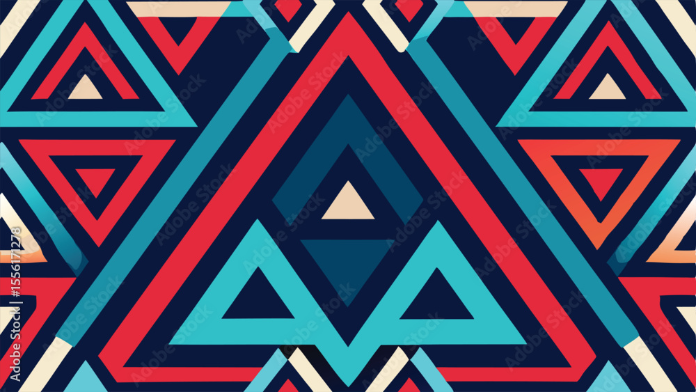 Poster geometric pattern of interlocking triangles in red blue and cream on dark blue abstract