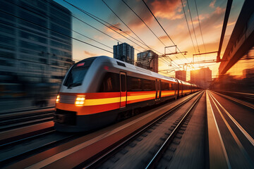 Fototapeta premium Modern train departing at sunset. Blurred image from a train in the city.