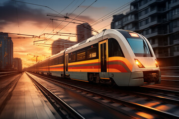 Naklejka premium Modern train departing at sunset. Blurred image from a train in the city.