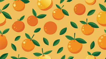 Seamless pattern of orange fruits and green leaves on a yellow background citrus leaf