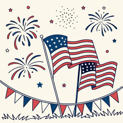 independence day background with American Flag and fire works