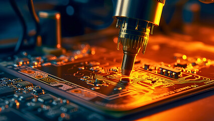 Close-up of Soldering Iron Tip Melting Solder on Circuit Board – Electronics and Engineering Concept | Generative AI