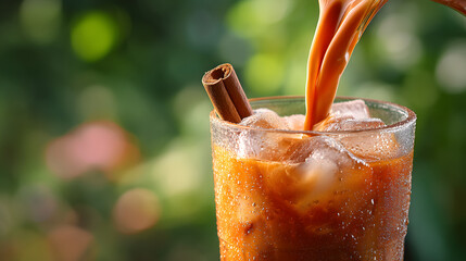 Iced Thai tea with cinnamon stick and ice cubes being poured into glass, refreshing cold beverage with creamy texture and condensation on glass in natural outdoor setting