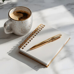 Top down view of clean white desk with speckled ceramic coffee mug, spiral notebook, and shiny gold pen resting on blank pages, bathed in soft natural light