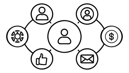 Simple black and white line art diagram of customer journey with icons people user