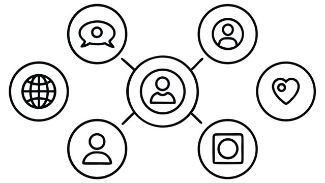 Network of social media icons connected to central user profile connection communication