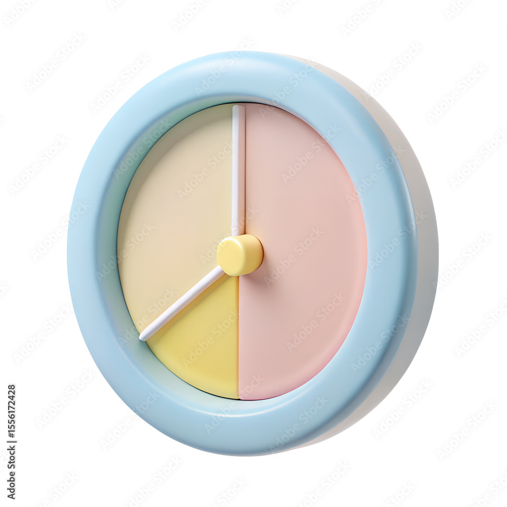 Poster a pastelcolored clock with three sections isolated on transparent background