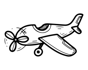 Airplane with propeller and landing gear down. Hand drawn doodle vector. Air single-seat transport. Winged machine for flying in the sky. Small aviation. Technology. Element of line art illustration.