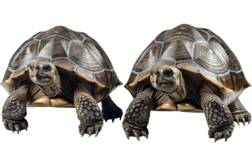 Two realistic tortoises crawling on the ground, showcasing intricate shell patterns, textures, and lifelike expressions in a natural setting