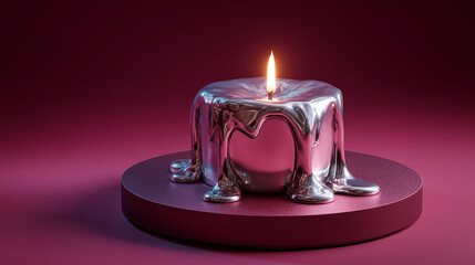 A candle is lit on top of a cake with dripping wax