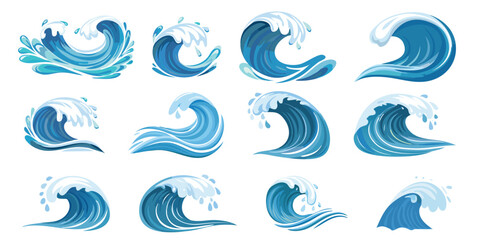 Ocean Wave Set: Collection of stylized ocean waves in various shapes and sizes, perfect for design projects.