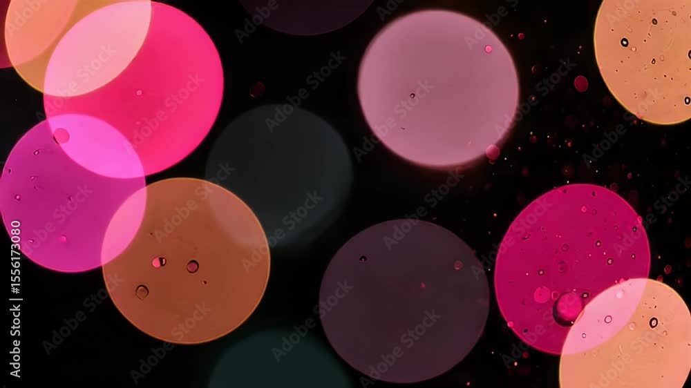 Poster abstract bokeh animation with glowing red pink and orange circles overlaying on black background