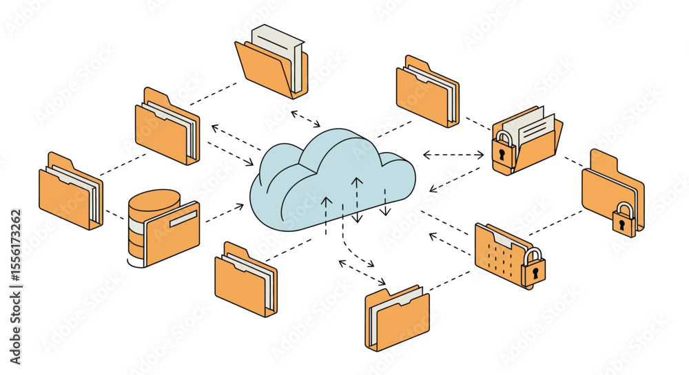 Poster cloud storage network vector illustration - data management concept in isometric style