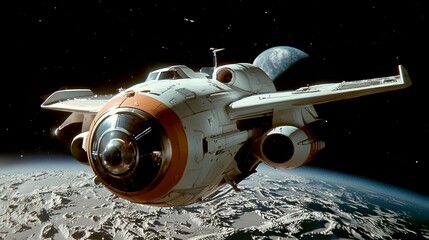 Futuristic white and orange spaceship with reflective cockpit, broad wings, exploring near a blue-green planet and gray moon in starry cosmos.