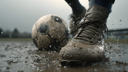 Muddy soccer cleats kicking a soccer ball on a wet field in a close up outdoor shot