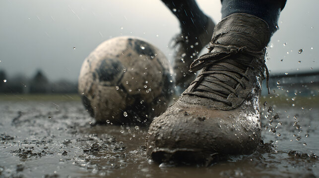 Muddy soccer cleats kicking a soccer ball on a wet field in a close up outdoor shot - Powered by Adobe