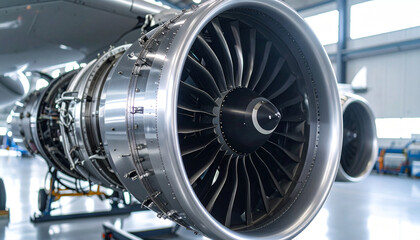Fototapeta premium Jet Engine Powerhouse: An aerospace marvel, this jet engine showcases meticulous engineering and powerful turbines ready to propel aircraft to new heights of aviation.
