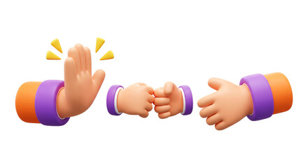 Three 3d cartoon hands performing gestures like high five fist bump and open palm