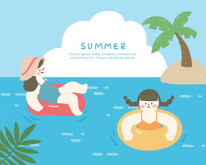 Hand drawn summer template background on the ocean with people and swim ring.