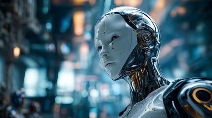 Highly detailed robot head and upper torso with sleek metallic design, white and silver color scheme, human-like face, mechanical components, lens-like eye, intricate details, reflective surface.