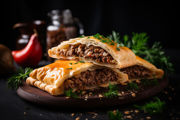 Sliced ​​meat pie with spicy filling on dark background