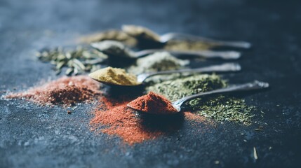 Assorted herbs and spices in artistic arrangement, celebrating natural flavors and culinary diversity