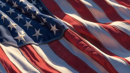 American Flag in the Breeze: A detailed close-up of the American flag billowing gently in the wind, showcasing the rich texture and vibrant colors of the stars and stripes.