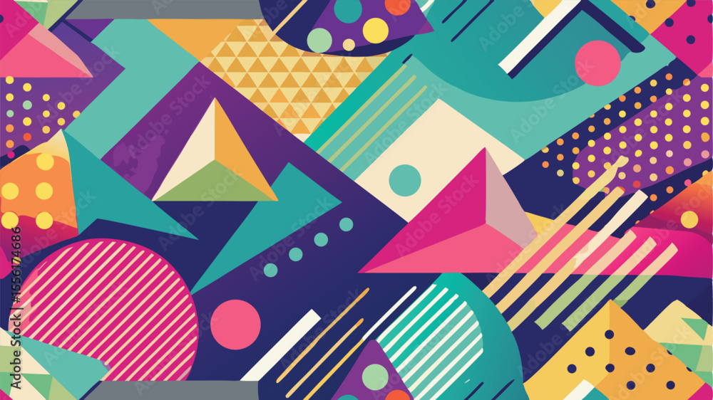 Poster vibrant geometric abstract pattern with triangles circles and stripes colorful