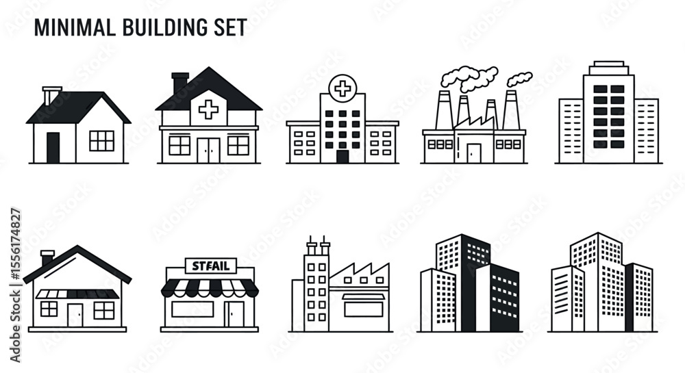 Poster minimal building set vector illustration for urban design and architecture projects in line art styl