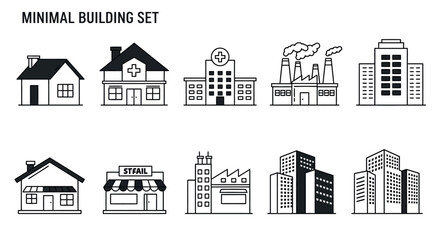 Minimal building set vector illustration for urban design and architecture projects in line art style