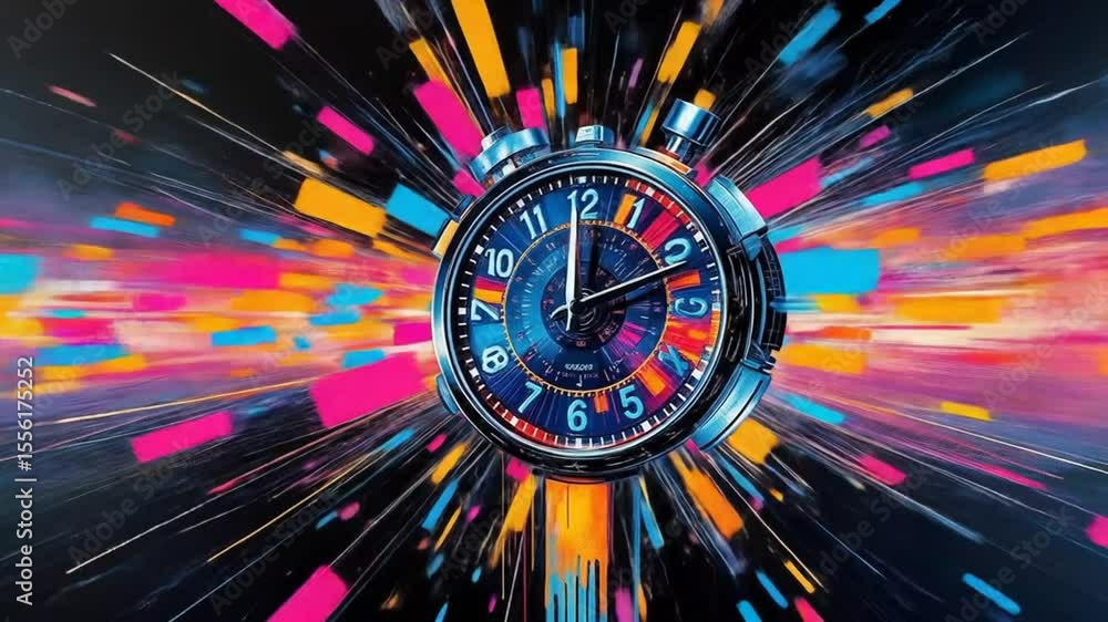 Poster surreal digital clock melts into a shining data stream. symbolizing fast modern life, rapid accelera